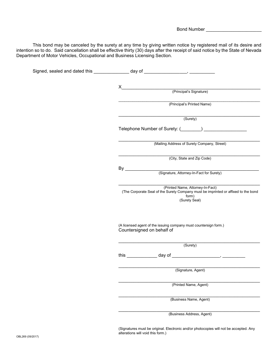 Form OBL269 Vehicle Industry Business License Bond - Body Shop, Garage - Nevada, Page 2