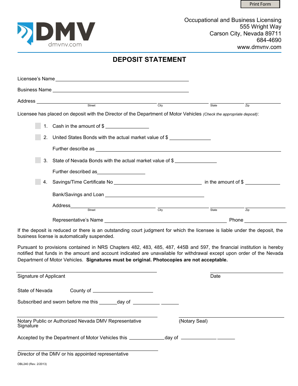 Form OBL240 Deposit Statement - Nevada, Page 1