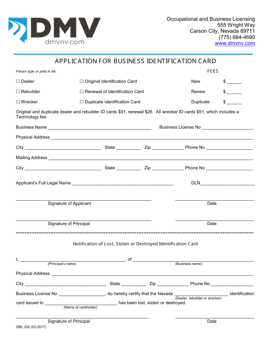 Form OBL252 Application for Business Identification Card - Nevada, Page 1