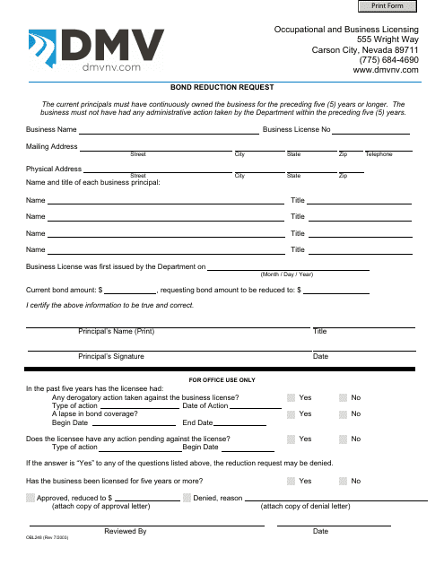 Form OBL248 Bond Reduction Request - Nevada