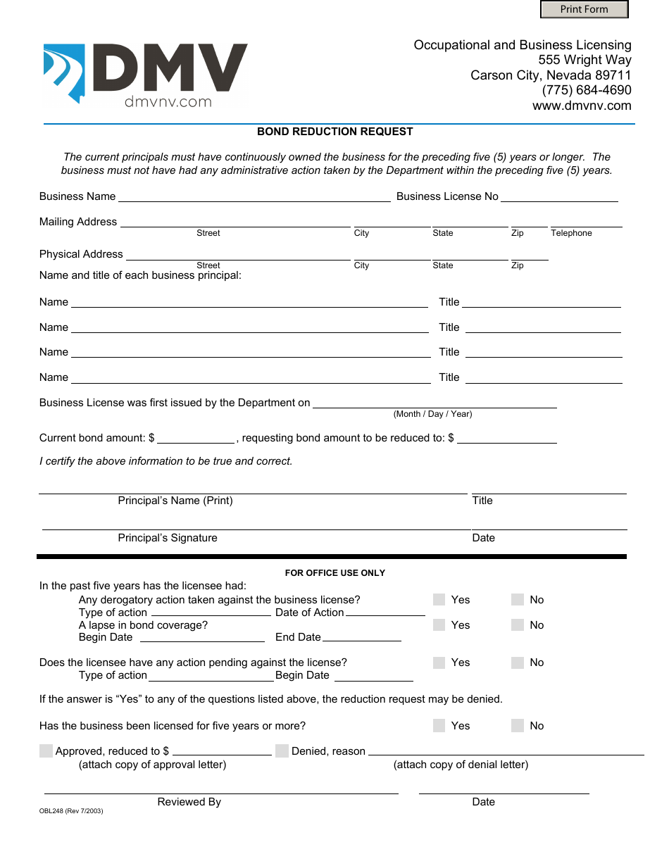 Form OBL248 Bond Reduction Request - Nevada, Page 1