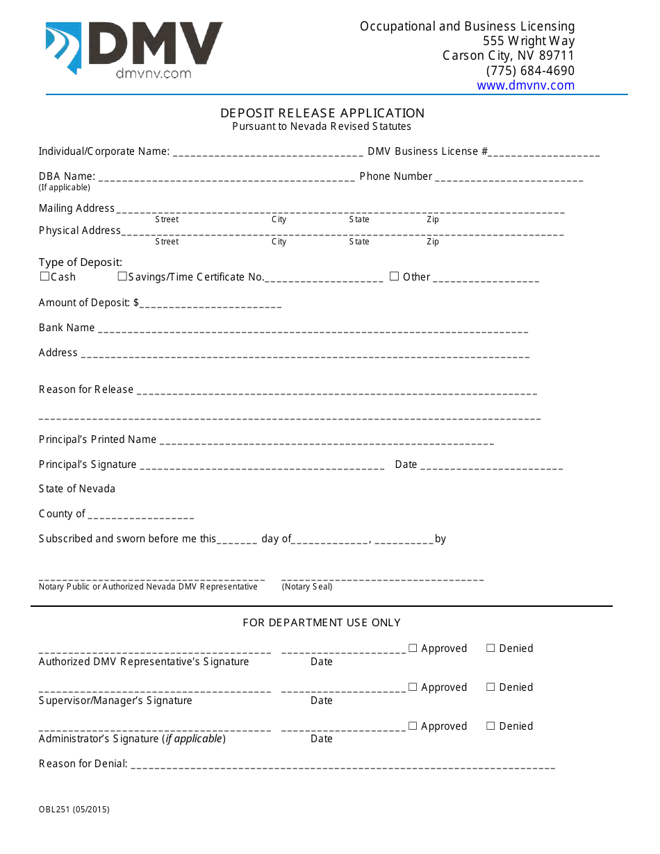 Form OBL251 Deposit Release Application - Nevada, Page 1