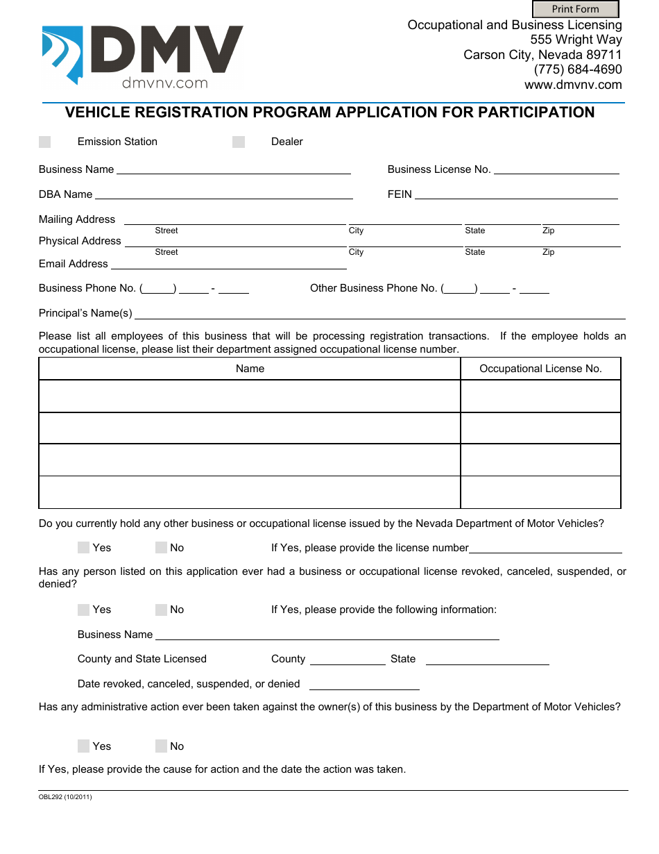 Form OBL292 Vehicle Registration Program Application for Participation - Nevada, Page 1