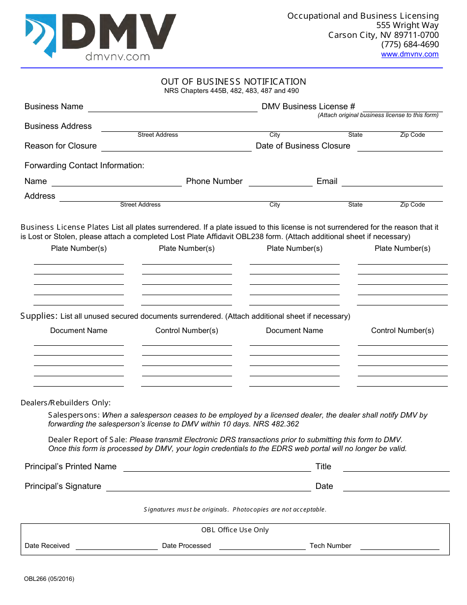 Form OBL266 Out of Business Notification - Nevada, Page 1