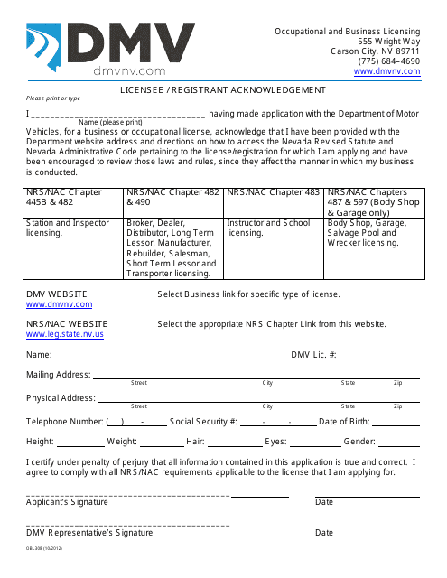 Form OBL308 Licensee/Registrant Acknowledgment - Nevada