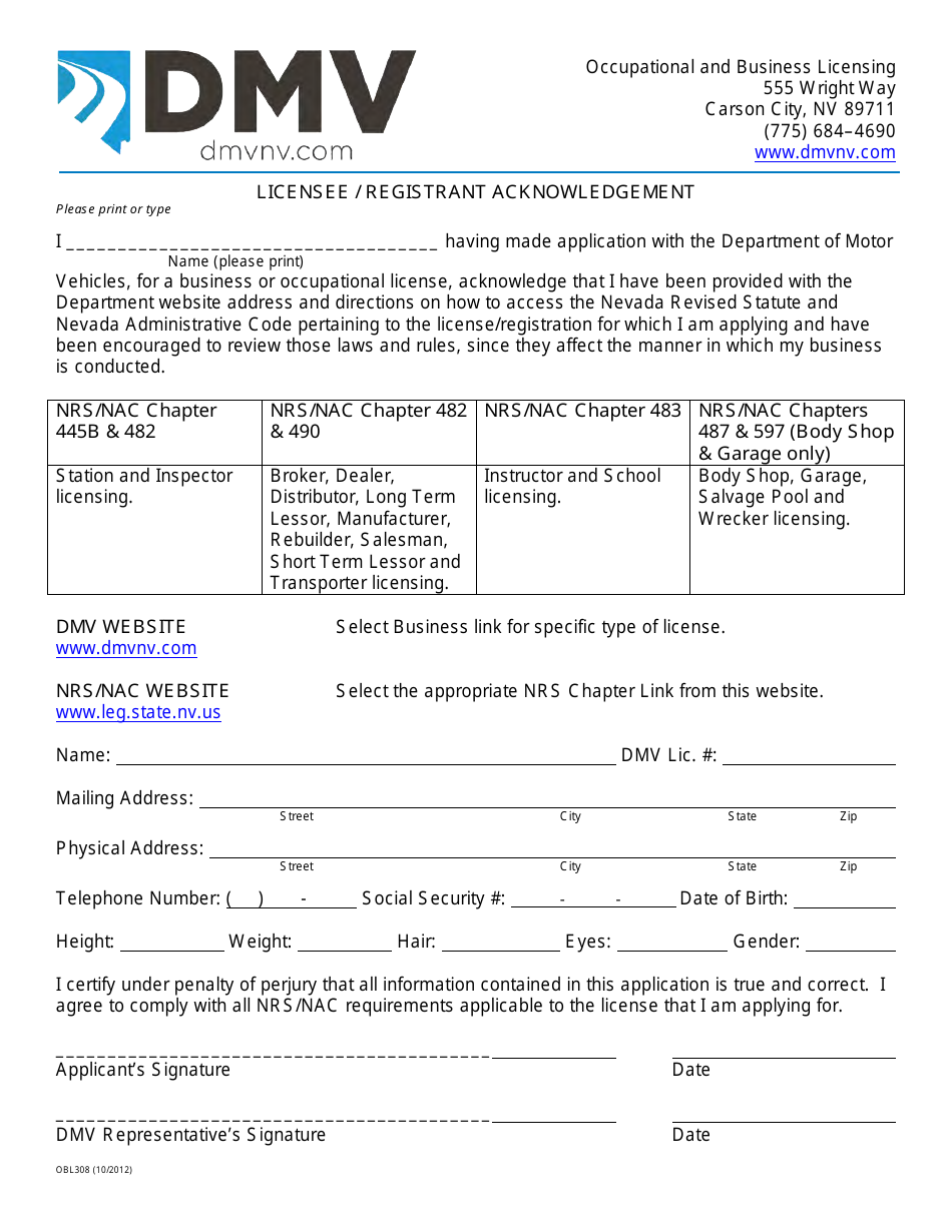 Form OBL308 Licensee / Registrant Acknowledgment - Nevada, Page 1