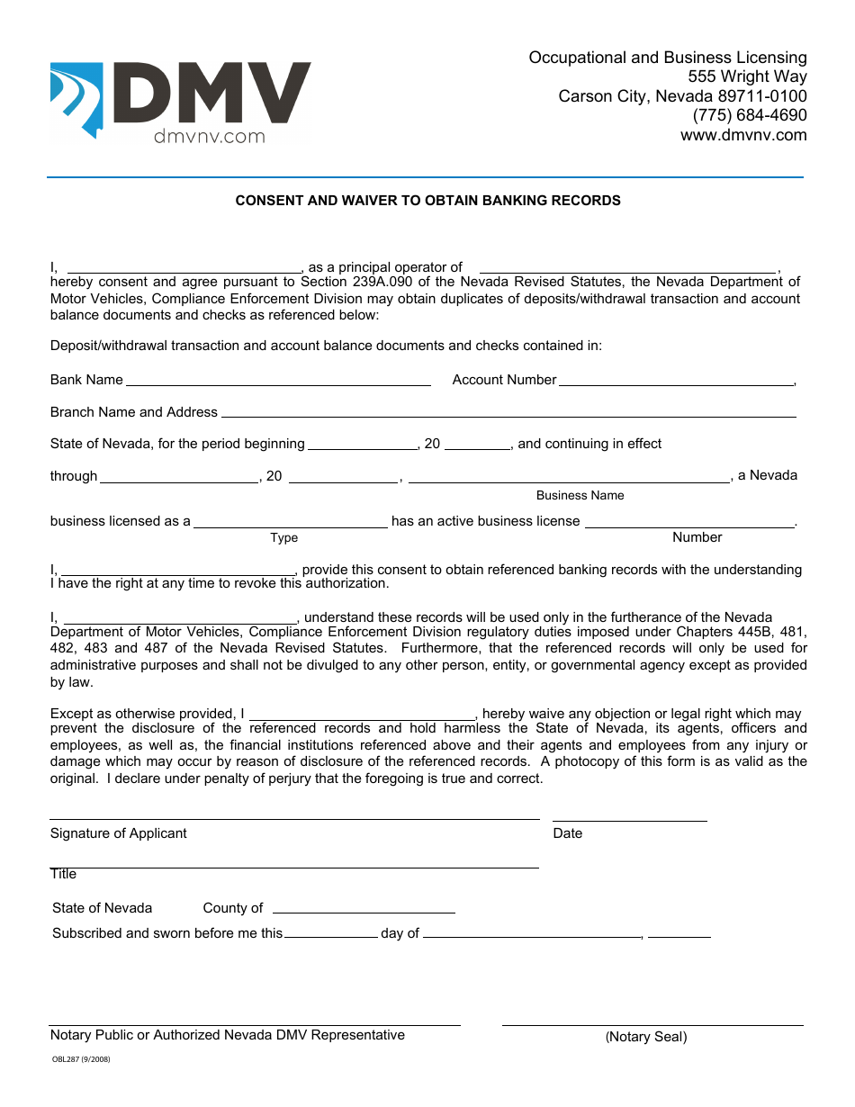 Form OBL287 - Fill Out, Sign Online and Download Fillable PDF, Nevada ...