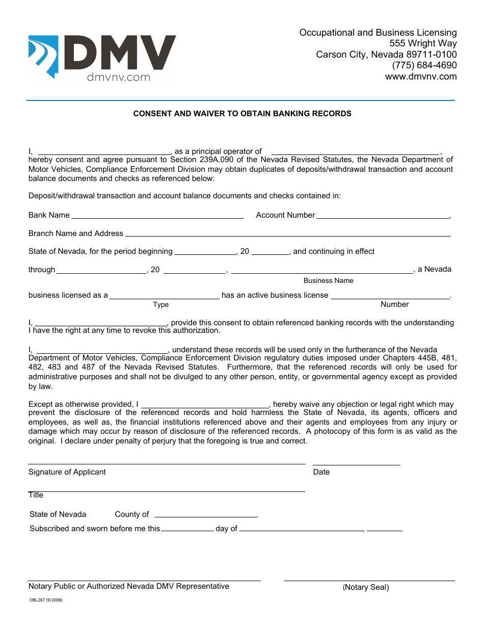 Form OBL287 Consent and Waiver to Obtain Banking Records - Nevada, Page 1