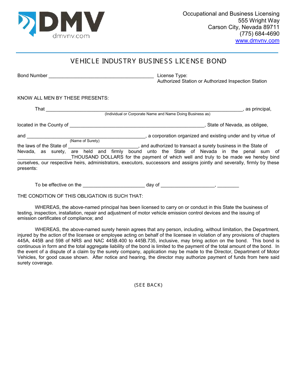 Form OBL336 Vehicle Industry Business License Bond - Emissions - Nevada, Page 1