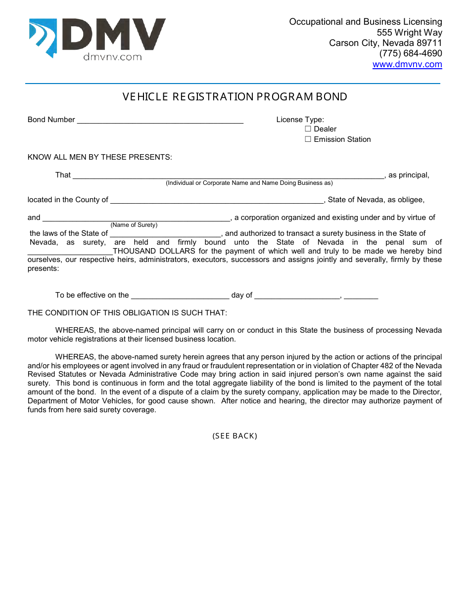 Form OBL294 Vehicle Registration Program Bond - Nevada, Page 1