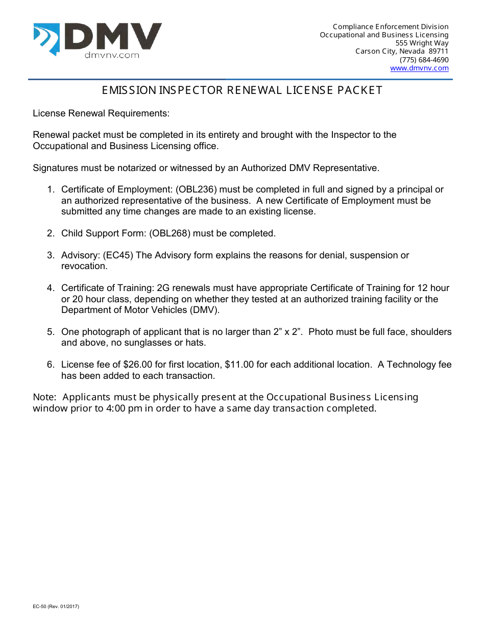 Form EC-50 Emission Inspector Renewal License Packet - Nevada, Page 1