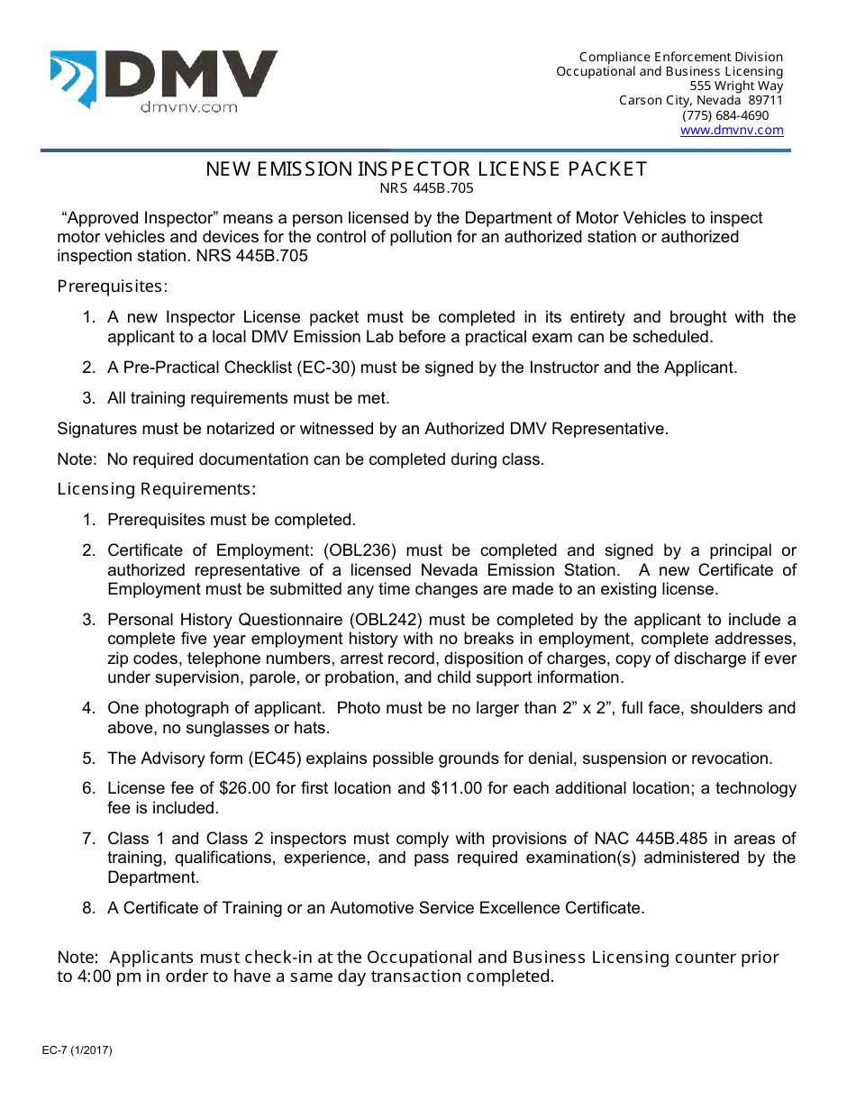Form EC-7 New Emission Inspector License Packet - Nevada, Page 1