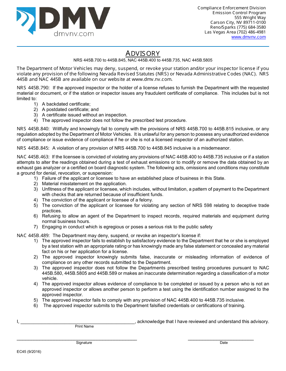 Form EC-7 New Emission Inspector License Packet - Nevada, Page 6