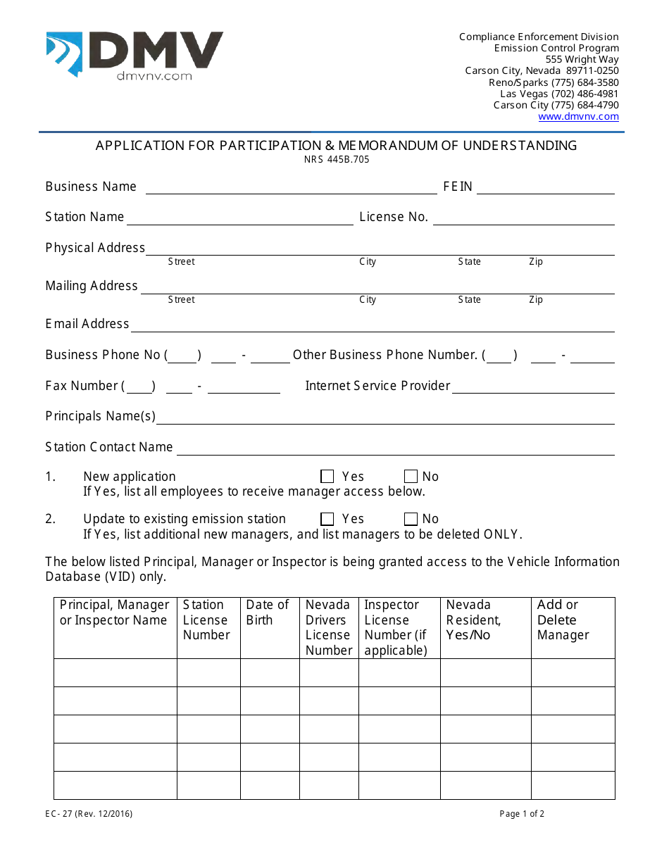 Form EC-27 - Fill Out, Sign Online and Download Fillable PDF, Nevada ...