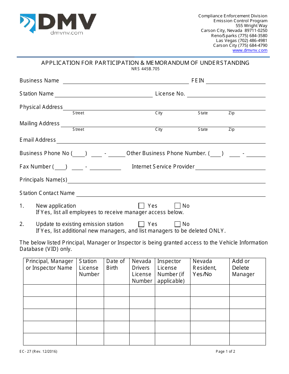 Form EC-27 Application for Participation  Memorandum of Understanding - Nevada, Page 1
