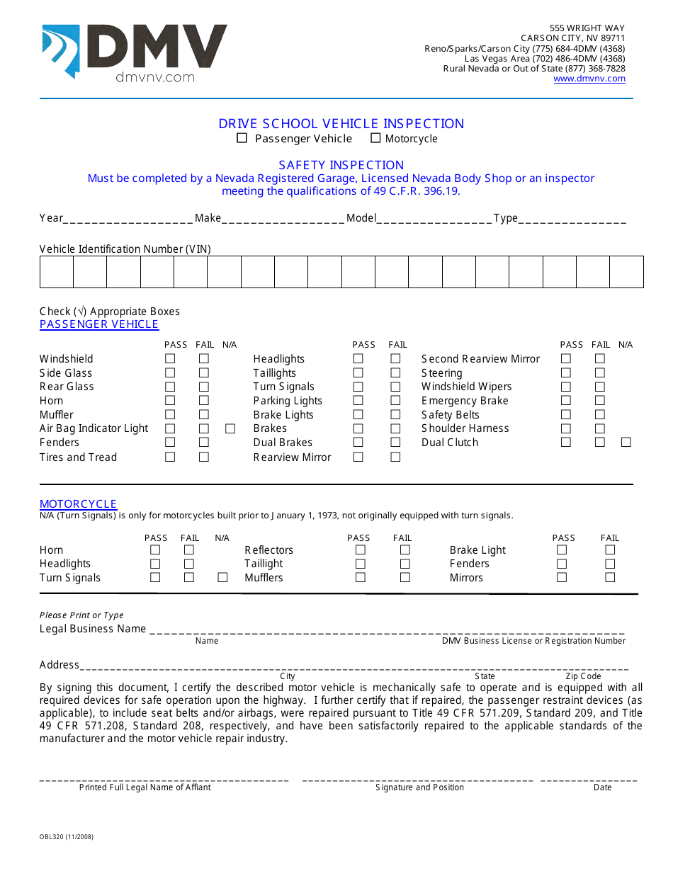 Form OBL320 Drive School Vehicle Inspection - Nevada, Page 1