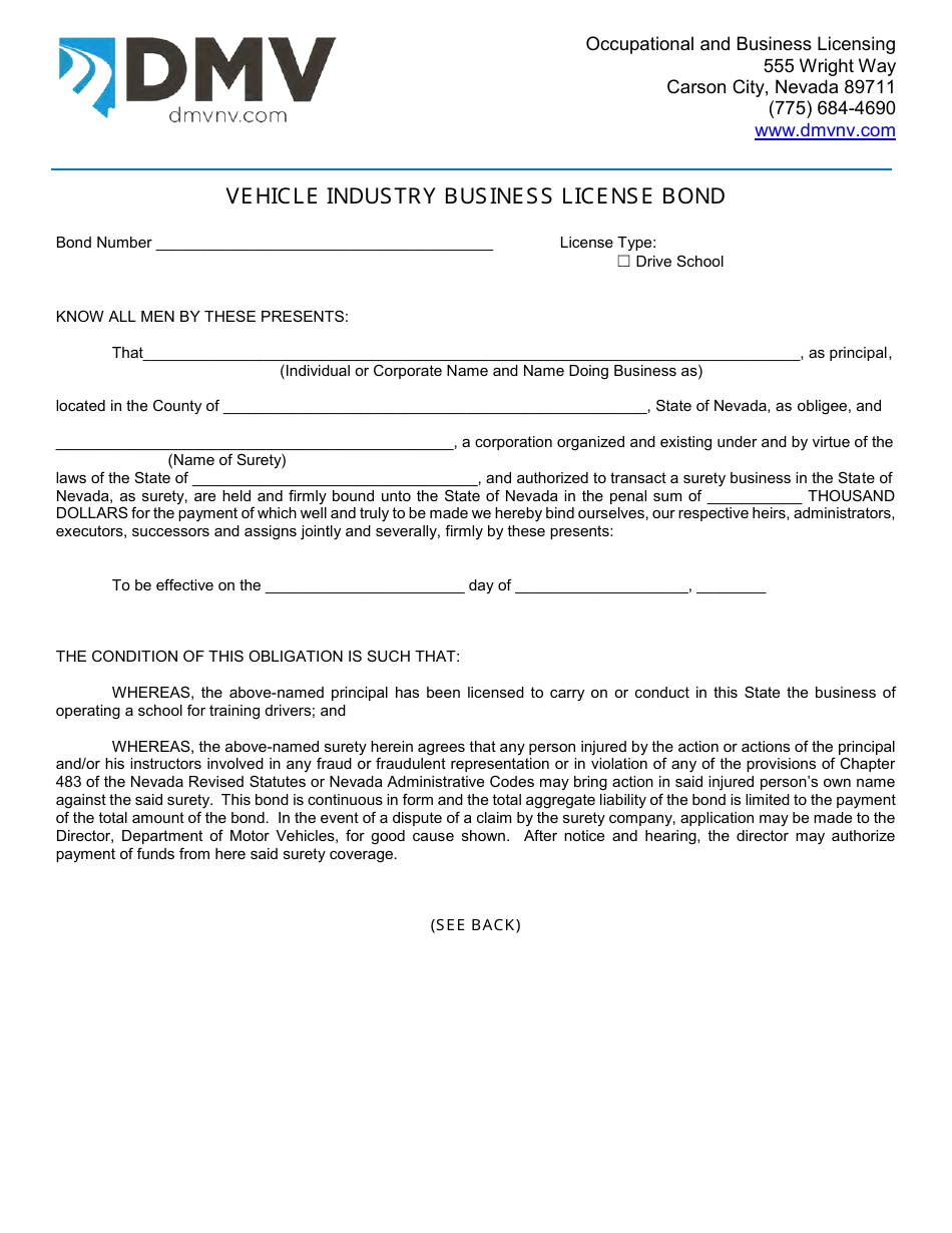 Form OBL277 Vehicle Industry Business License Bond - Drive Schools - Nevada, Page 1
