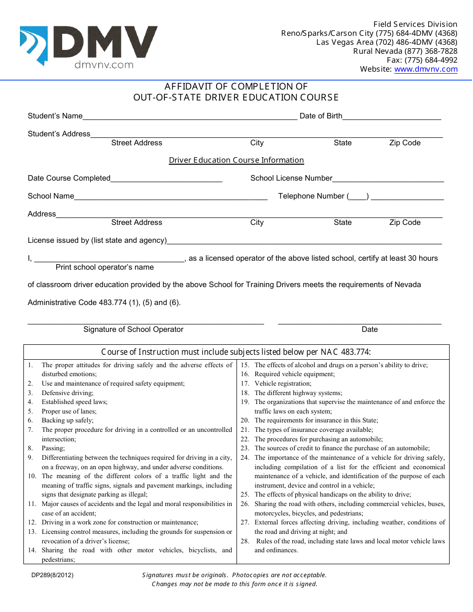 Form Dp289 - Fill Out, Sign Online And Download Fillable Pdf, Nevada 