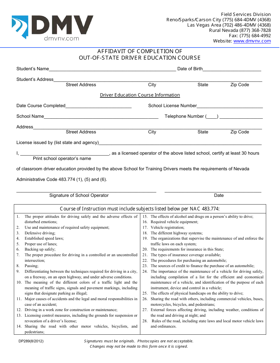 Form DP289 Affidavit of Completion of Out-of-State Driver Education Course - Nevada, Page 1