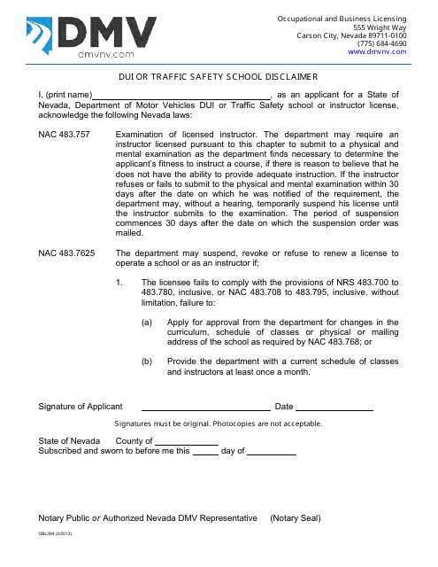 Form OBL284 Dui or Traffic Safety School Disclaimer - Nevada