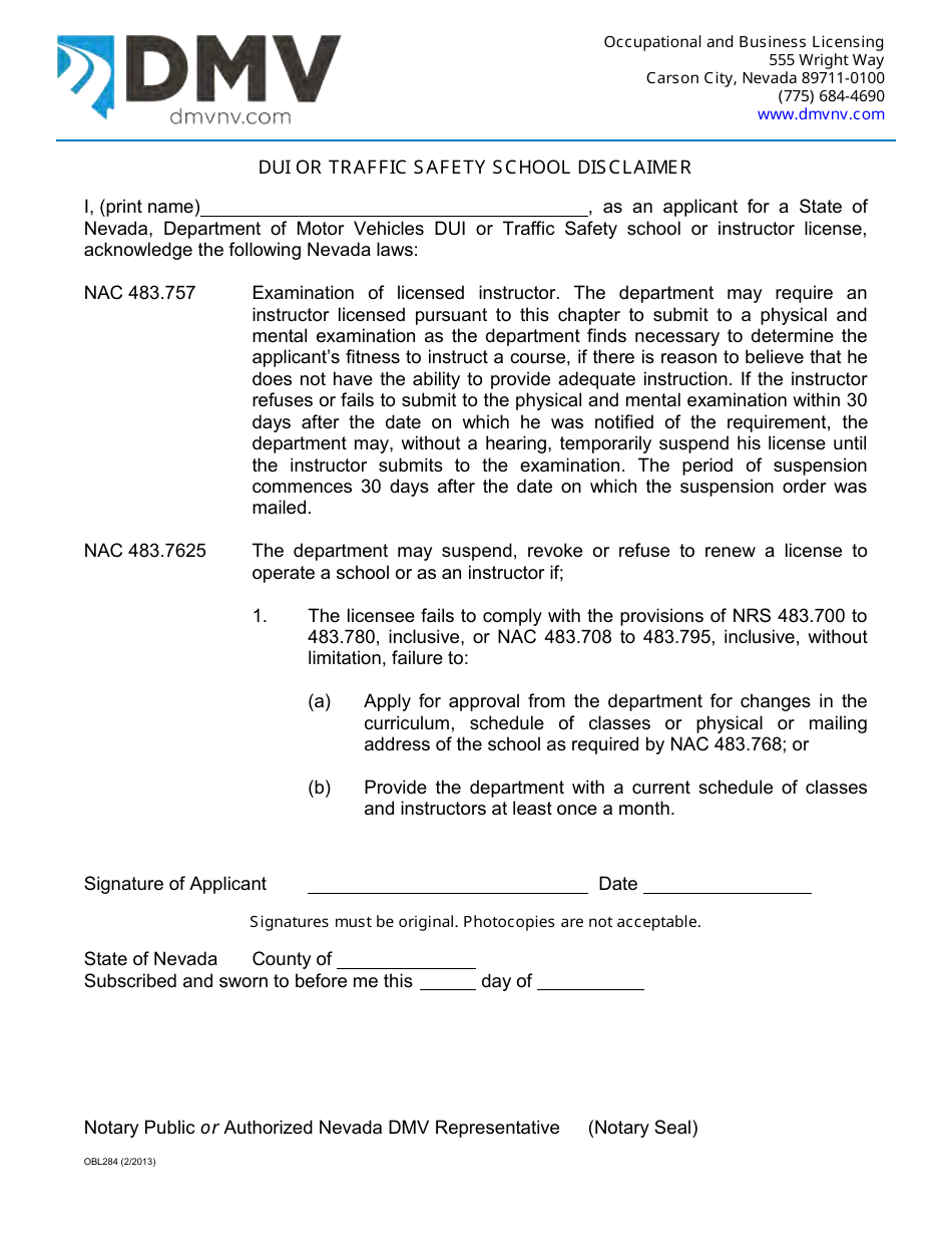 Form OBL284 Dui or Traffic Safety School Disclaimer - Nevada, Page 1