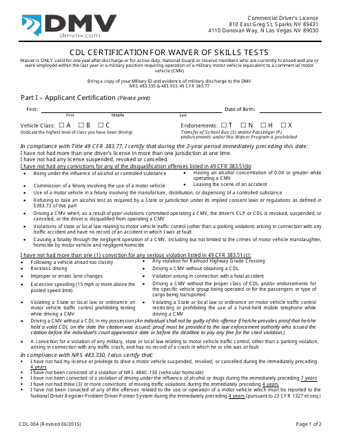 Form CDL004 Cdl Certification for Waiver of Skills Tests - Nevada