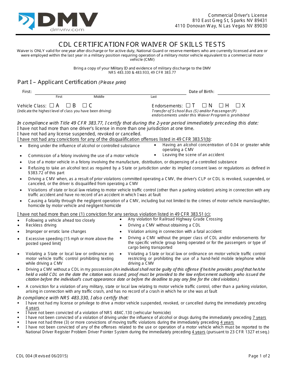 Form CDL004 Cdl Certification for Waiver of Skills Tests - Nevada, Page 1
