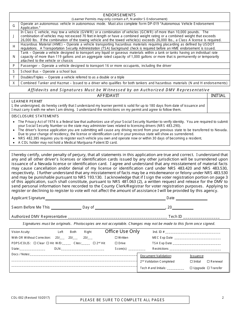 Form CDL-002 Application for Commercial Driving Privileges - Nevada, Page 2