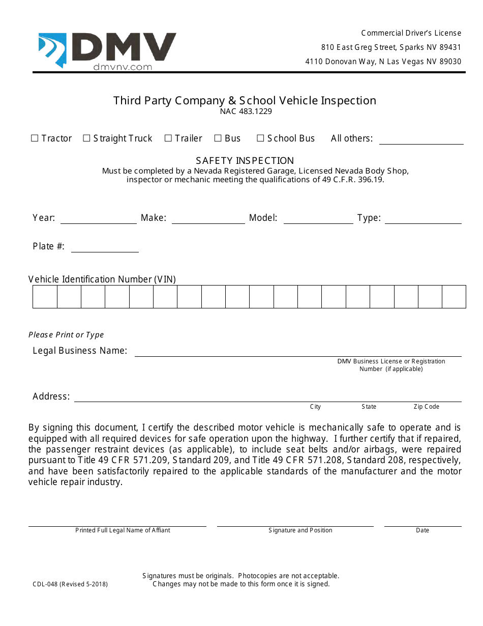 Form CDL-048 Third Party Company  School Vehicle Inspection - Nevada, Page 1
