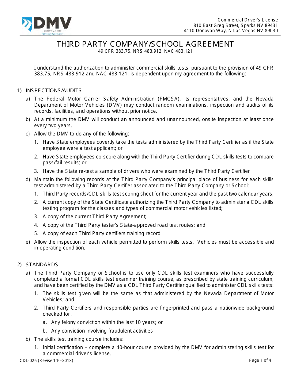 Form CDL-026 Third Party Company / School Agreement - Nevada, Page 1