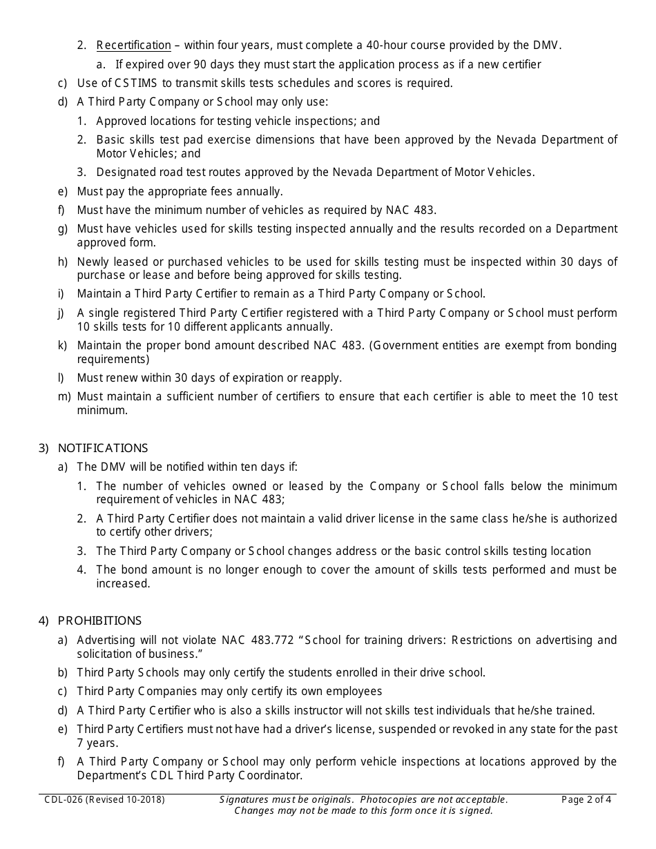 Form CDL-026 Third Party Company / School Agreement - Nevada, Page 2