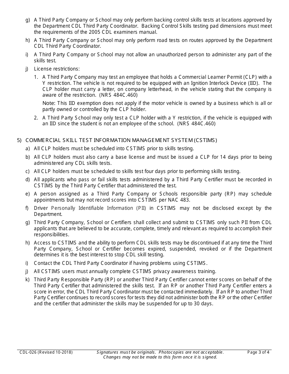Form CDL-026 Third Party Company / School Agreement - Nevada, Page 3