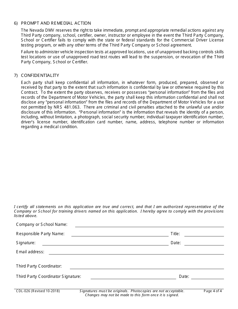 Form CDL-026 Third Party Company / School Agreement - Nevada, Page 4