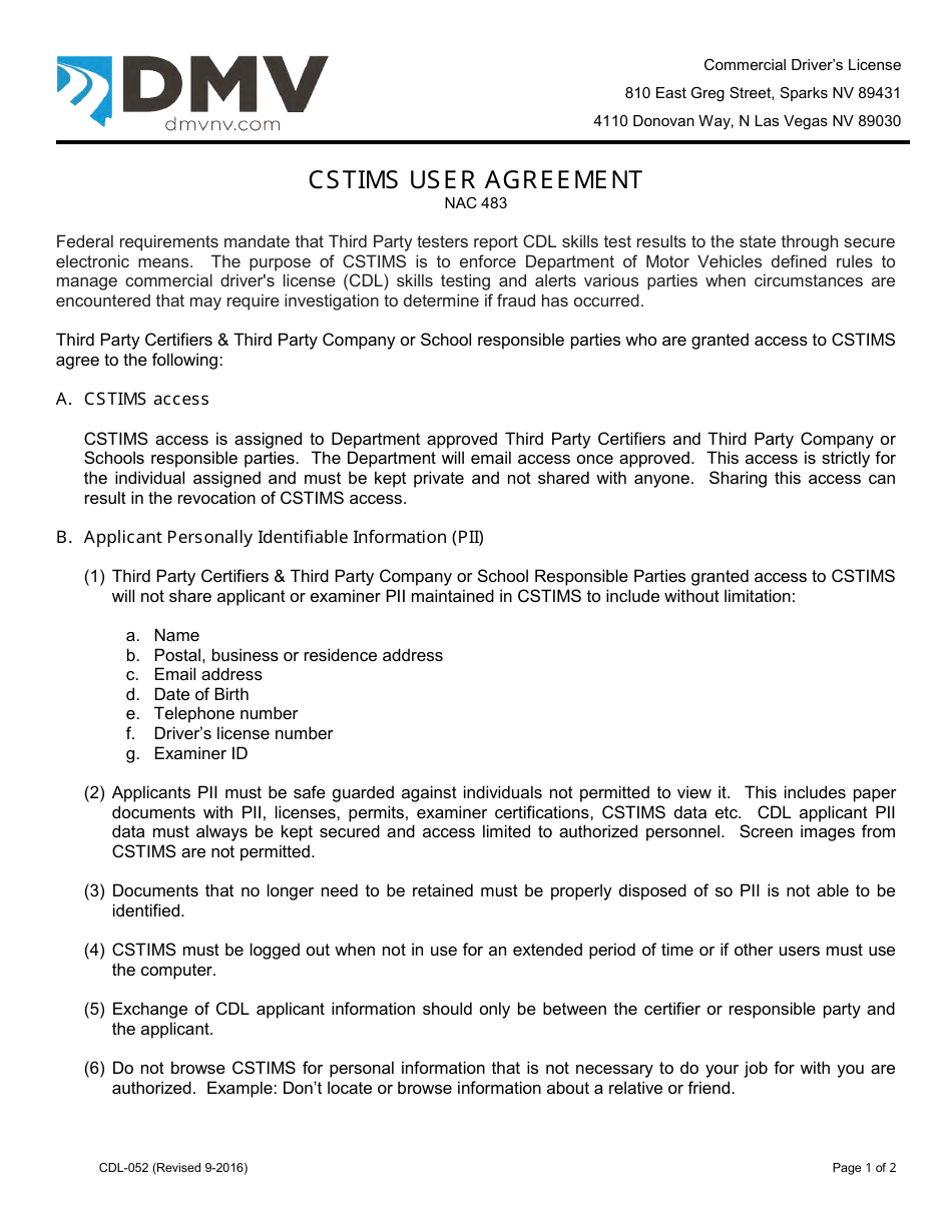 Form CDL-052 Cstims User Agreement - Nevada, Page 1