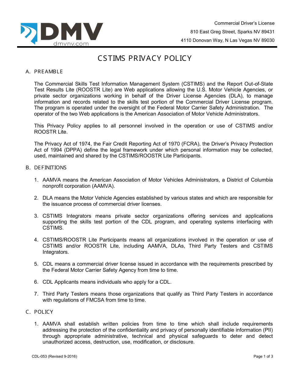 Form CDL-053 Cstims Privacy Policy - Nevada, Page 1