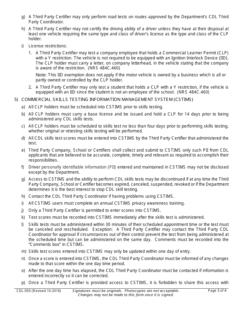 Form CDL-050 Third Party Certifier Agreement - Nevada, Page 3