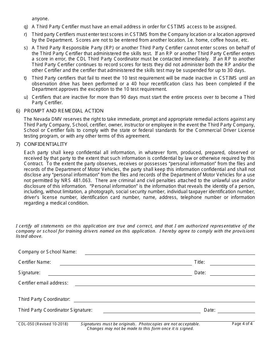 Form CDL-050 Third Party Certifier Agreement - Nevada, Page 4