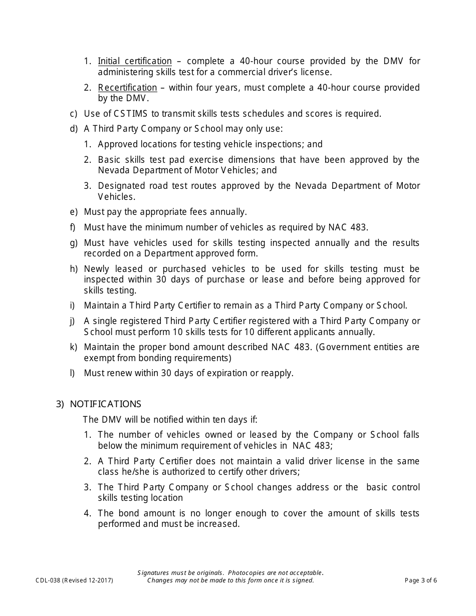 Form CDL-038 Third Party Company  School Renewal Application - Nevada, Page 3