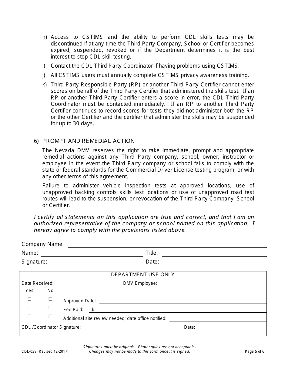 Form CDL-038 Third Party Company  School Renewal Application - Nevada, Page 5