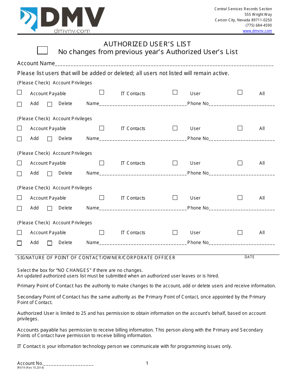 Form IR019 Authorized Users List - Nevada, Page 1