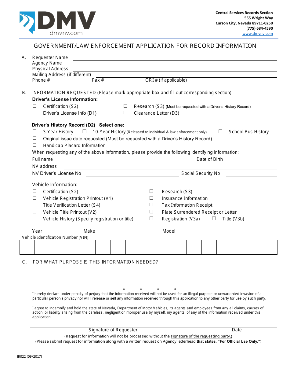Form IR022 Government/Law Enforcement Application for Record Information - Nevada, Page 1