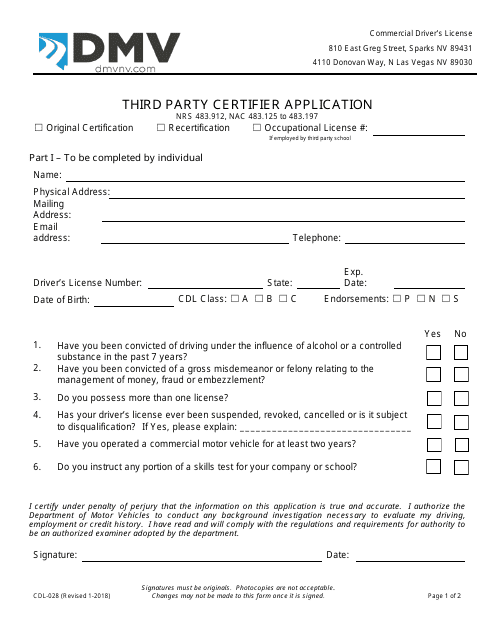 Form CDL-028 Third Party Certifier Application - Nevada