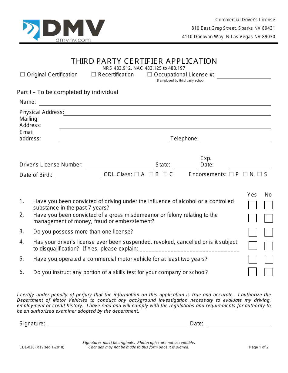 Form CDL-028 Third Party Certifier Application - Nevada, Page 1