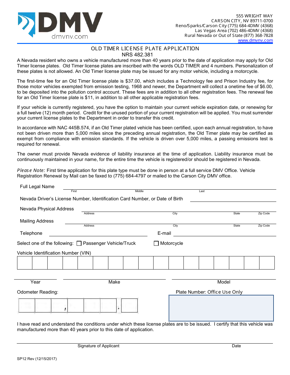 Form SP12 Old Timer License Plate Application - Nevada, Page 1