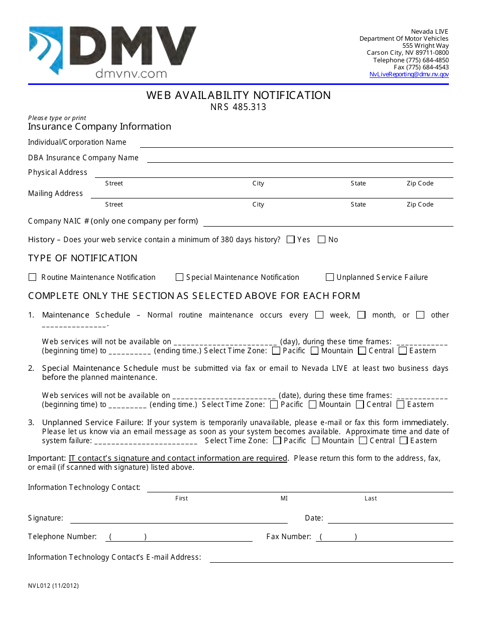 Form NVL012 Web Availability Notification - Nevada, Page 1