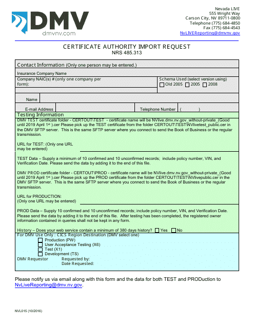 Form NVL015 Certificate Authority Import Request - Nevada