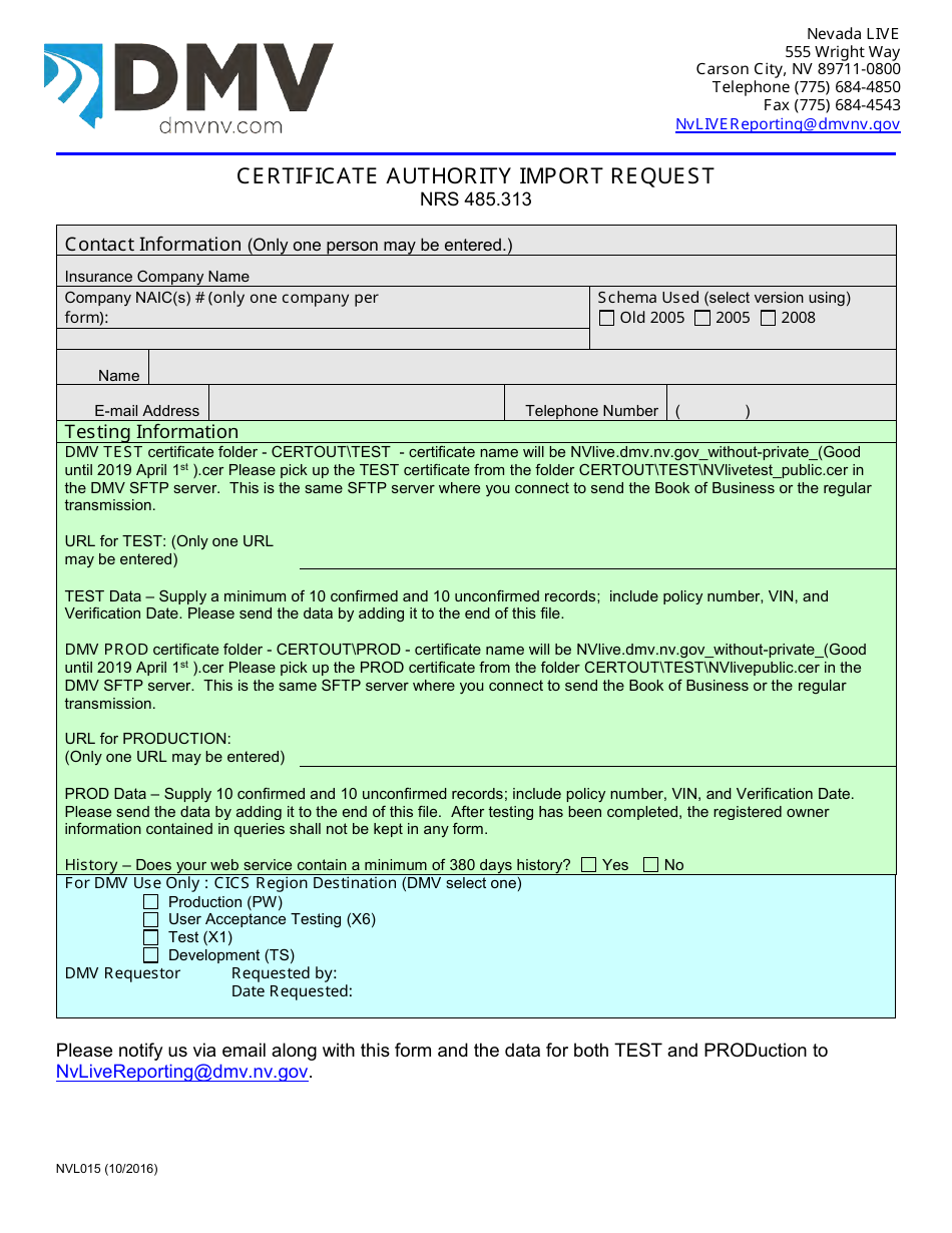 Form NVL015 Certificate Authority Import Request - Nevada, Page 1