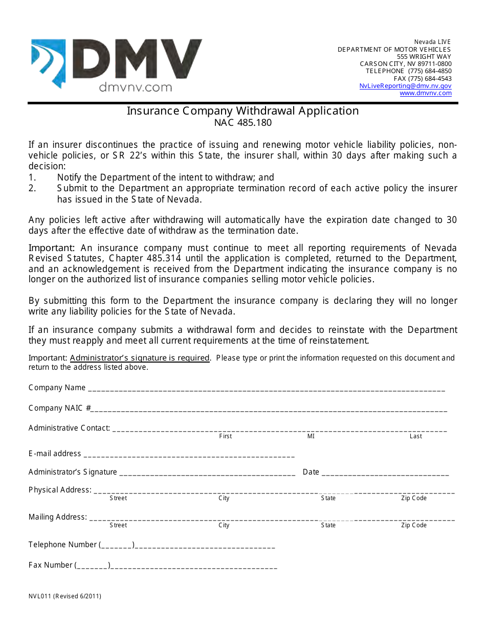 Form NVL011 Insurance Company Withdrawal Application - Nevada, Page 1