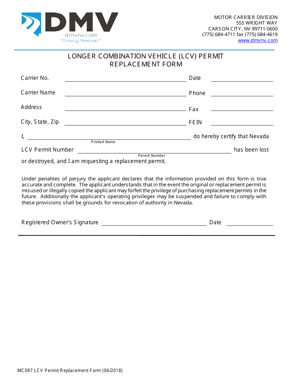 Form MC087 Longer Combination Vehicle (Lcv) Permit Replacement Form - Nevada, Page 1