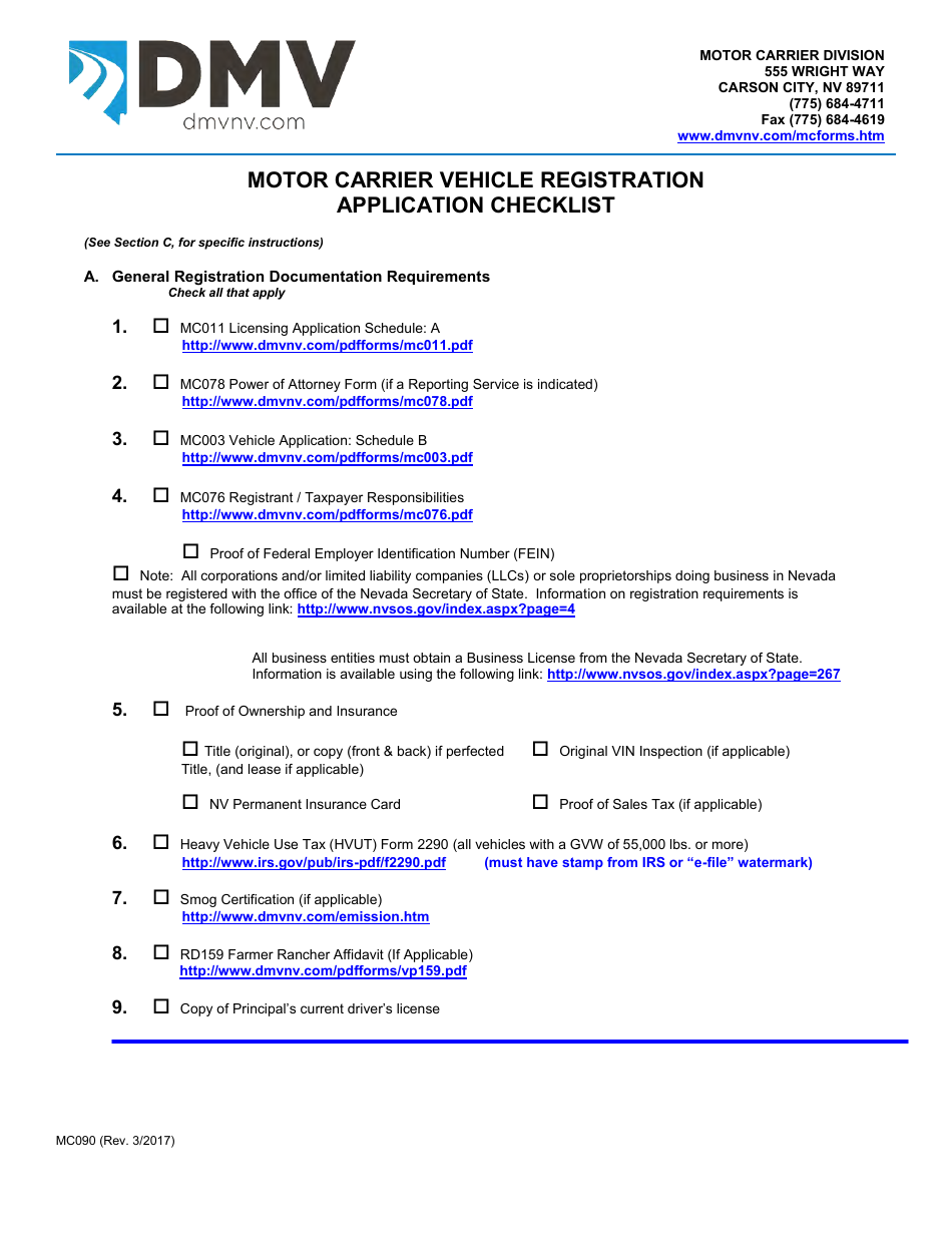 Form MC090 Motor Carrier Vehicle Registration Application Checklist - Nevada, Page 1